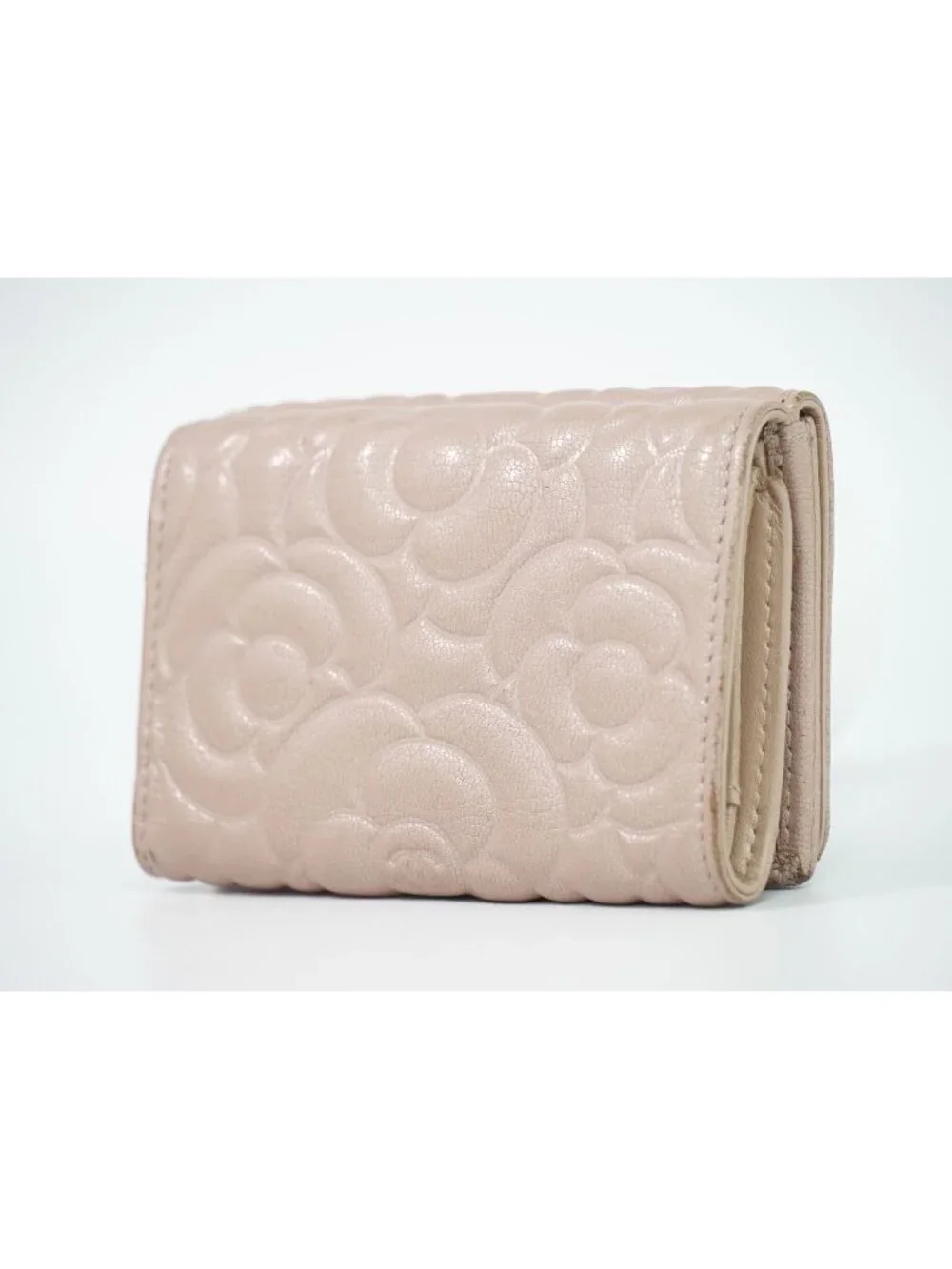 Chanel Camellia CC Logo Trifold Folded Wallet Compact Leather Pink